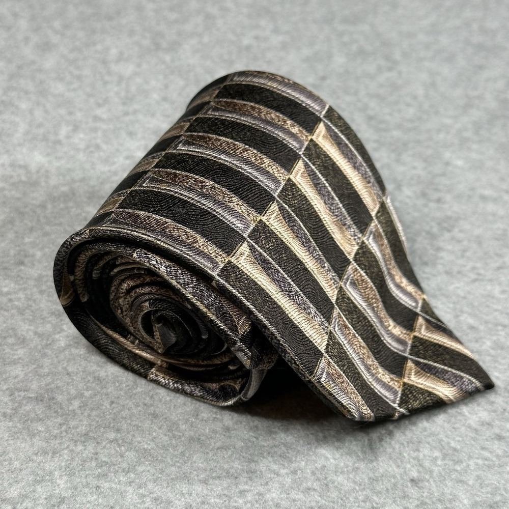 Louis Roth Vintage Geometric Silk XL Tie Brown Black Retro 90s 62x3.75in